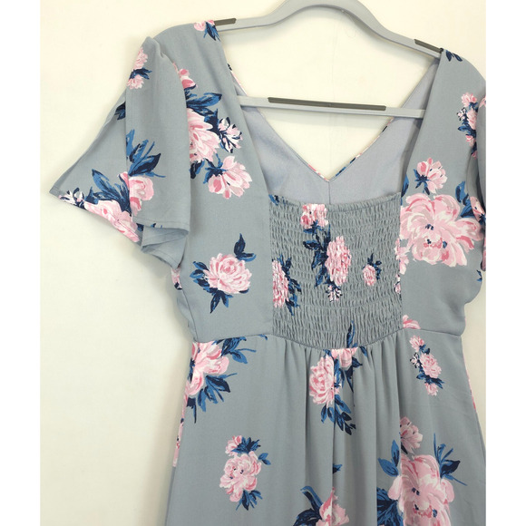 Candies Ruffled Midi Dress Babydoll Lined High Low Women S Gray Pink Floral - Picture 12 of 14